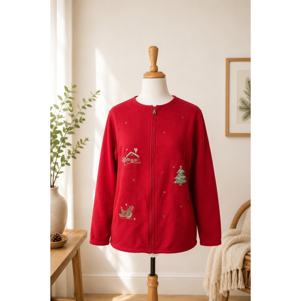Y2K‎ Grandma Core Christmas Zip Up Sweatshirt XL Cozy Holiday Cottagecore